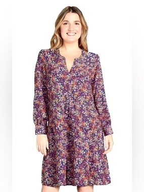 NWT Time And Tru Blue Floral Long Sleeve Short Tiered Dress XXXL 22 3XL